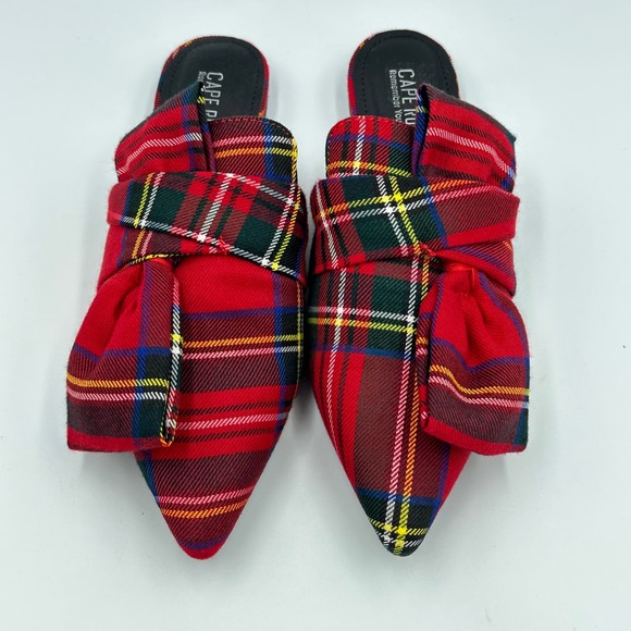 Cape Robbin Women's Red Plaid Pointed Toe Bow Mules Flats Shoes Size 7 Christmas - Picture 4 of 10